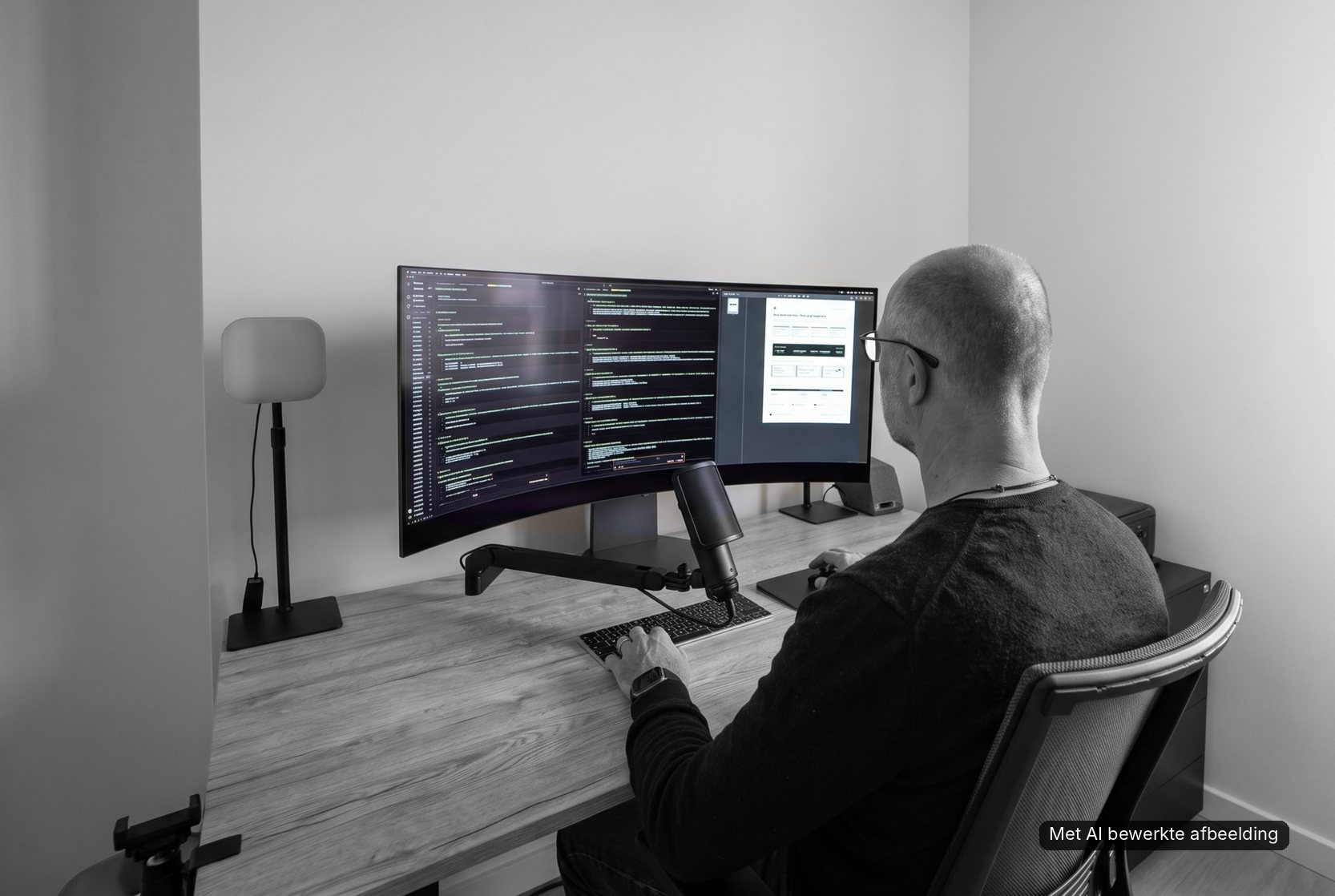 Stefan Colin aan zijn bureau, met code en een beheerscherm op een breed gebogen scherm. Met AI bewerkte afbeelding.